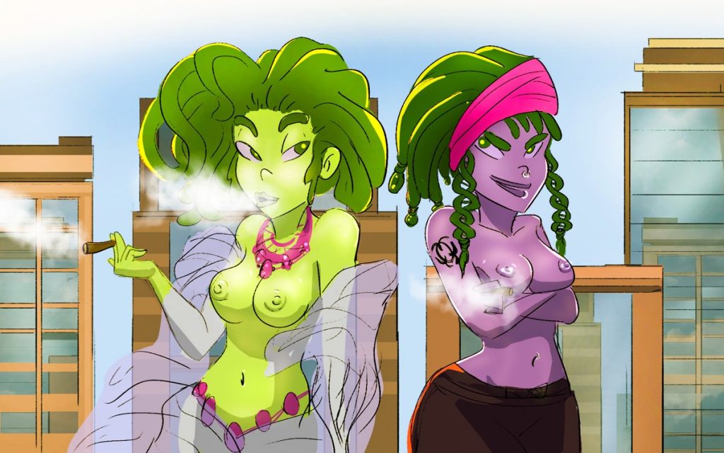 Ganja Girls Twin Sisters, a piece of the Cannabis Art, they are marijuana twin sisters, as an artist's impression on cloning vs growing from seeds
