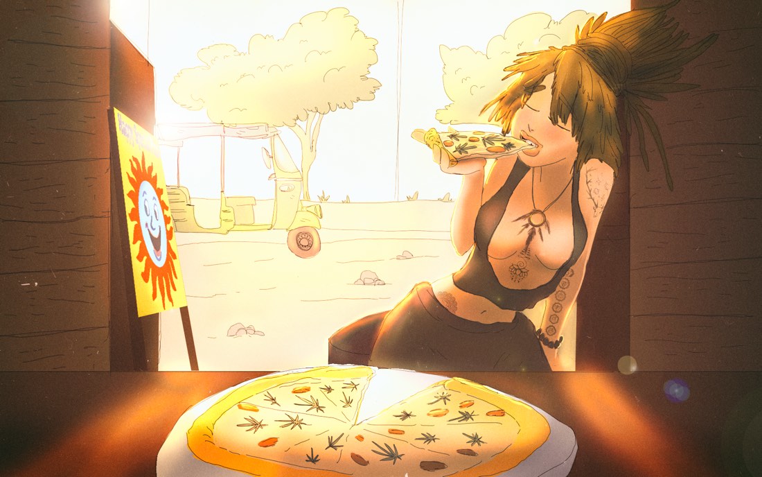 Marijuana edibles, a ganja girl is consuming a Weed Pizza passionately