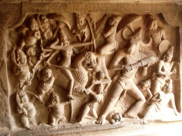 Durga aka Bhavani riding a Lion at the Varaha Cave Basrelief